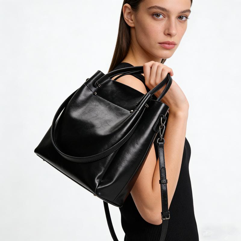 BURMINSA Vintage Genuine Leather Bucket Bags For Women Luxury Office Commute Top Handle Tote Elegant Shoulder Crossbody Handbags