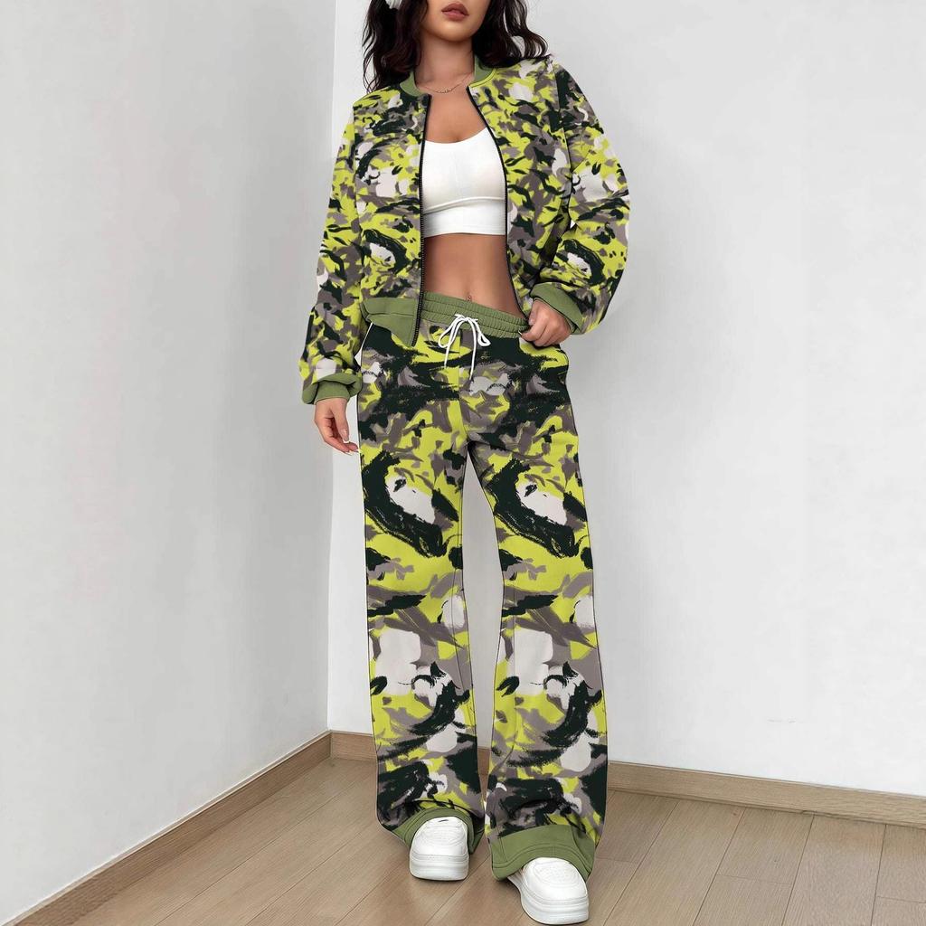 Simple Autumn and Winter New European and American Women's Clothing Yellow-green Camouflage Printing Suit Women