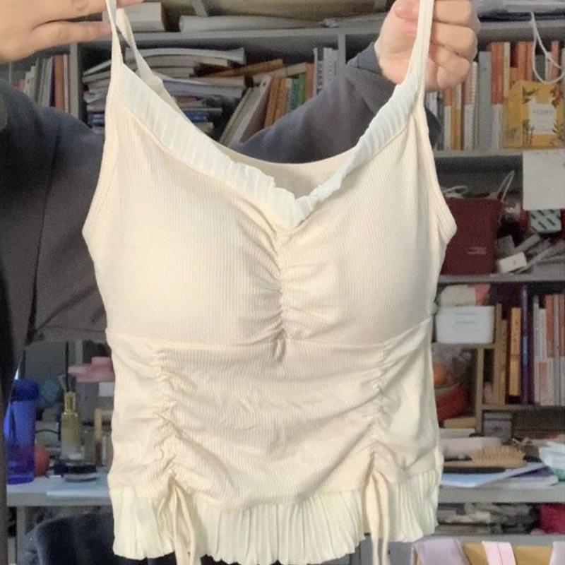 Sweet and Seductive Style Ruffled Camisole Vest With Chest Pad Drawstring For Women Summer Hot Girl Outer Wear Slim Fit Top