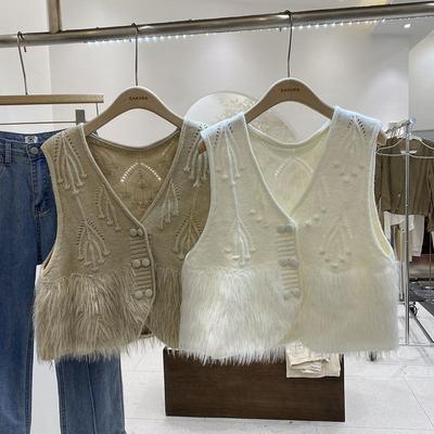 Tassel Fur V-Neck Short Knitted Vest Women Autumn and Winter Korean Edition Overlap Wearing Horse Jacket Cardigan Vest Female