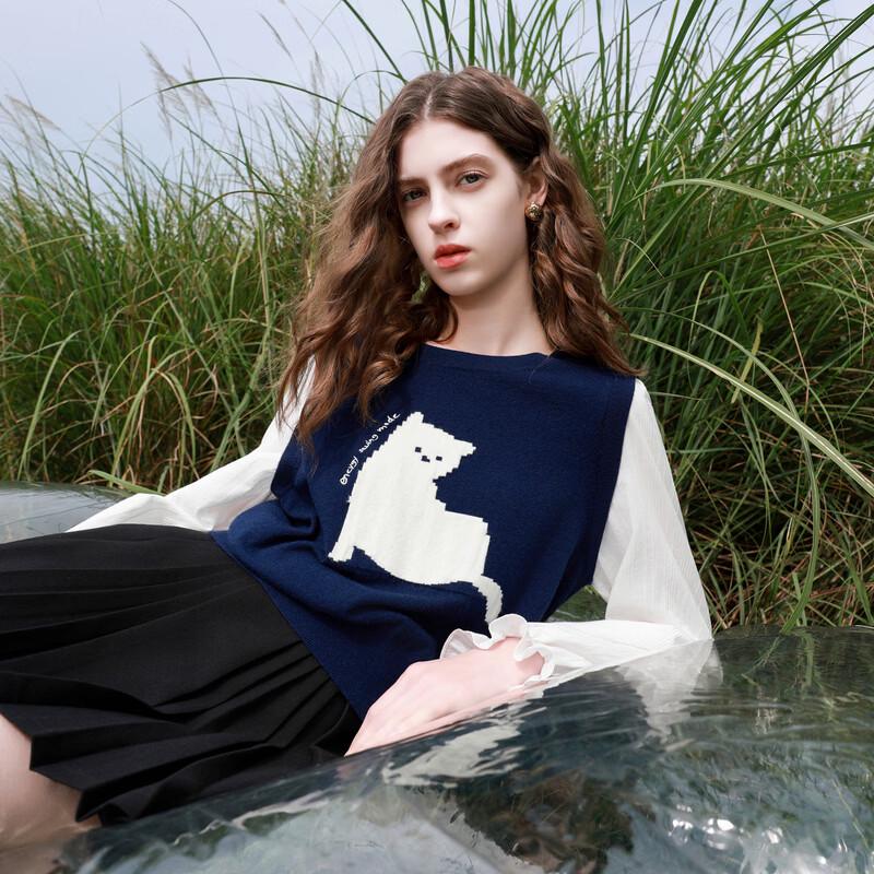 Sancai 2026 Spring Women's Faux Two-Piece Knit Pullover with Cat Patch