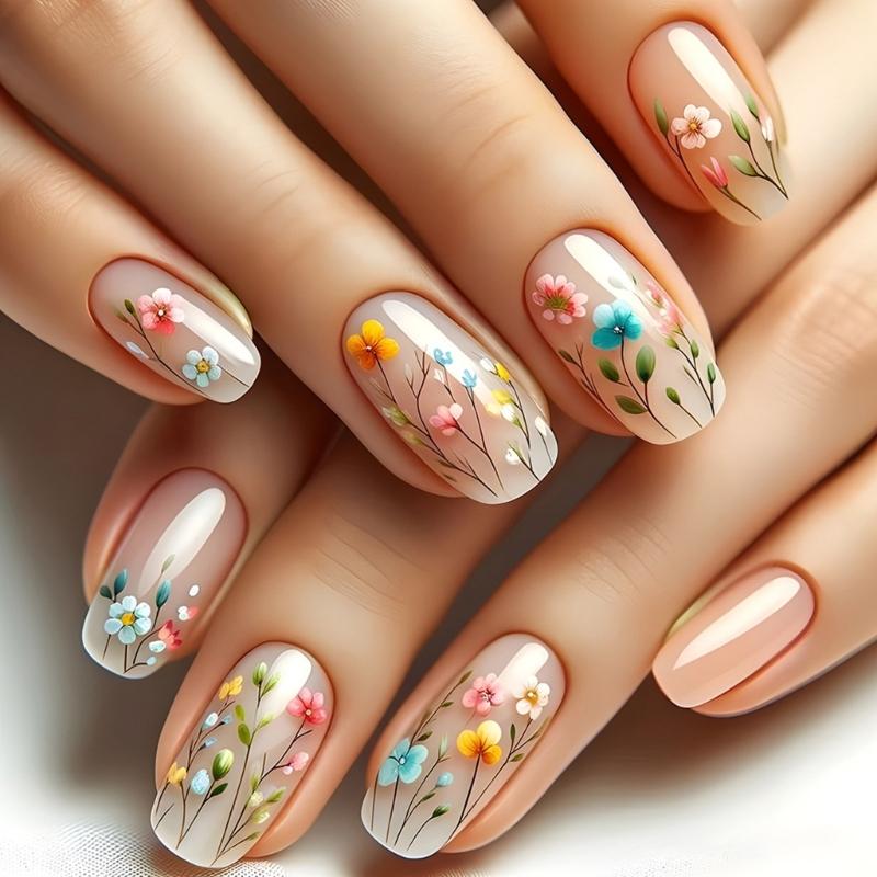 24pcs False Nail With Flower Pattern Friendly Stick On Nail Press On Nail Quick Application Fashion Nail Art for Women