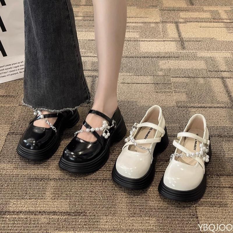 Fashion Thick soled pearl chain versatile small leather shoes spring autumn new styles simple versatile comfortable women's shoes
