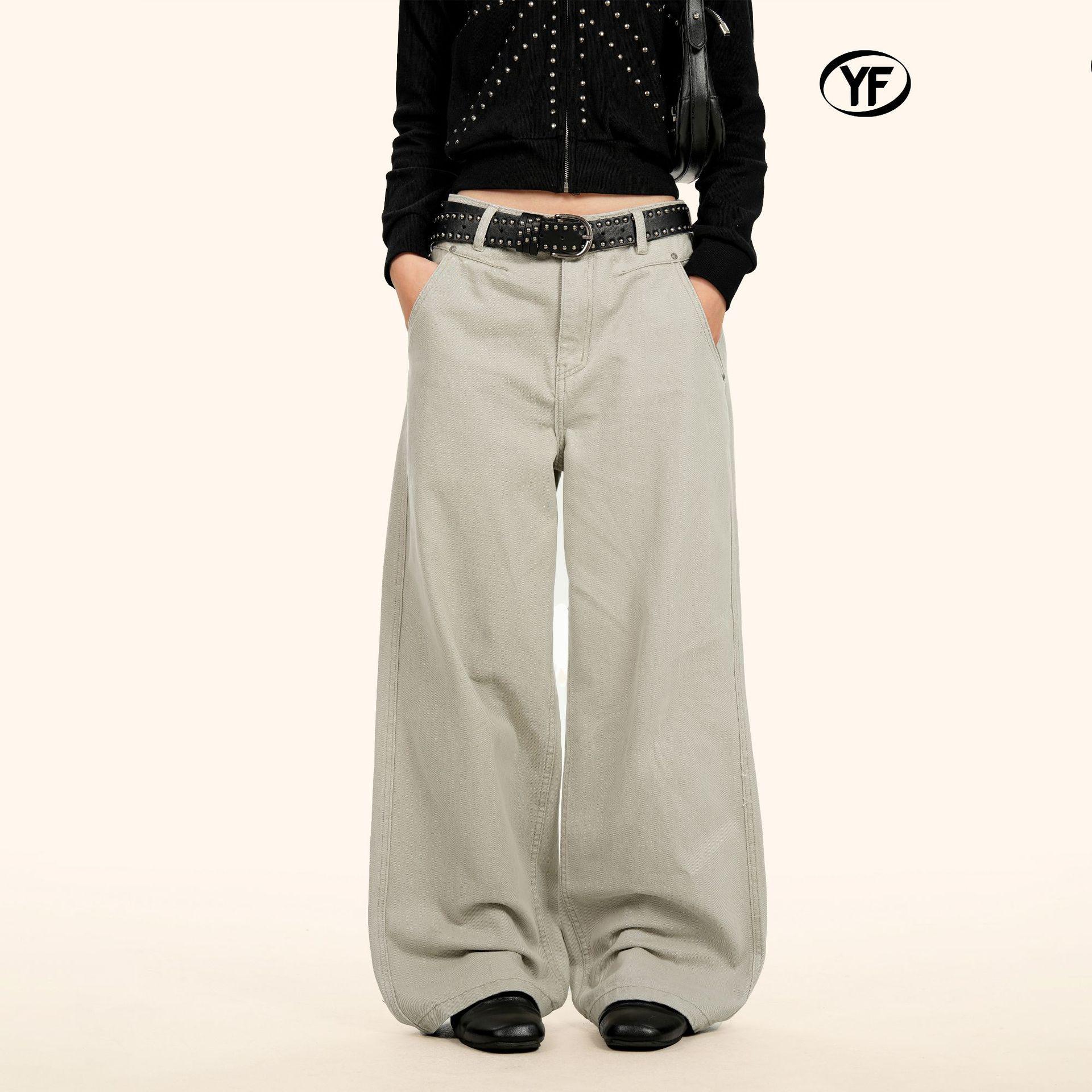 Yongfang Unisex Retro Work Pants, Loose-Fit, Water-Washed, 3D Pockets, Straight Wide-Leg, Floor-Length. Small