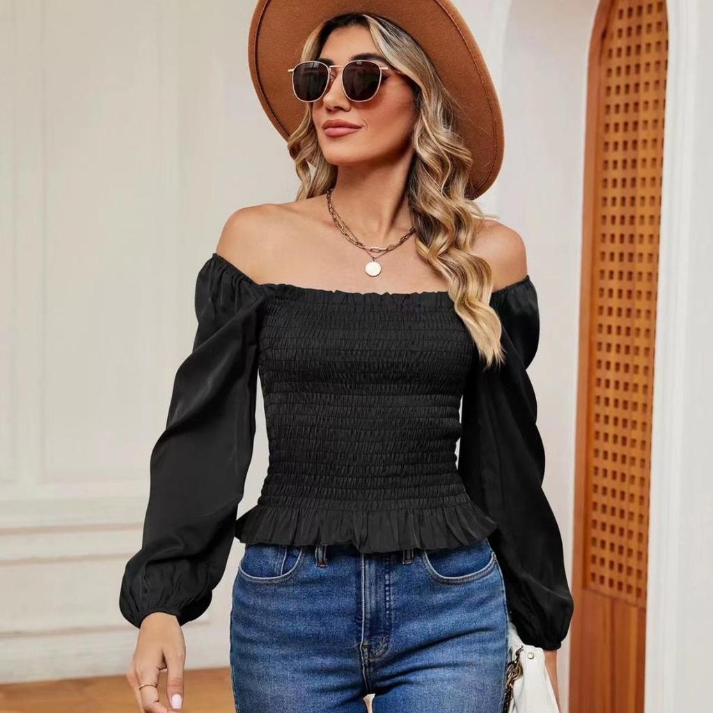2024 European & American Spring/Summer Off-Shoulder Ruffle Smocked Long Sleeve Slimming Top for Women