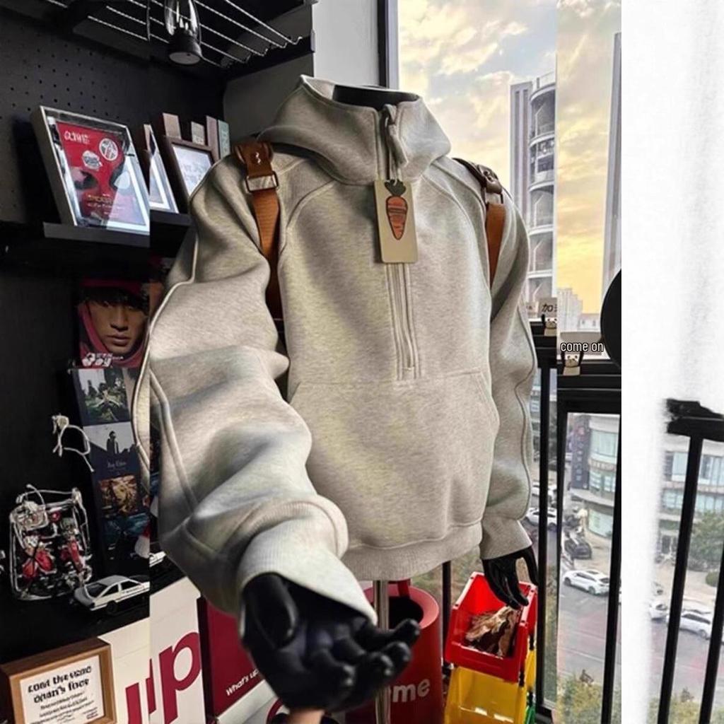Men's Trendy Grey Half-Zip Stand Collar Hoodie: Deconstructed Design, Heavyweight American Style Sweatshirt