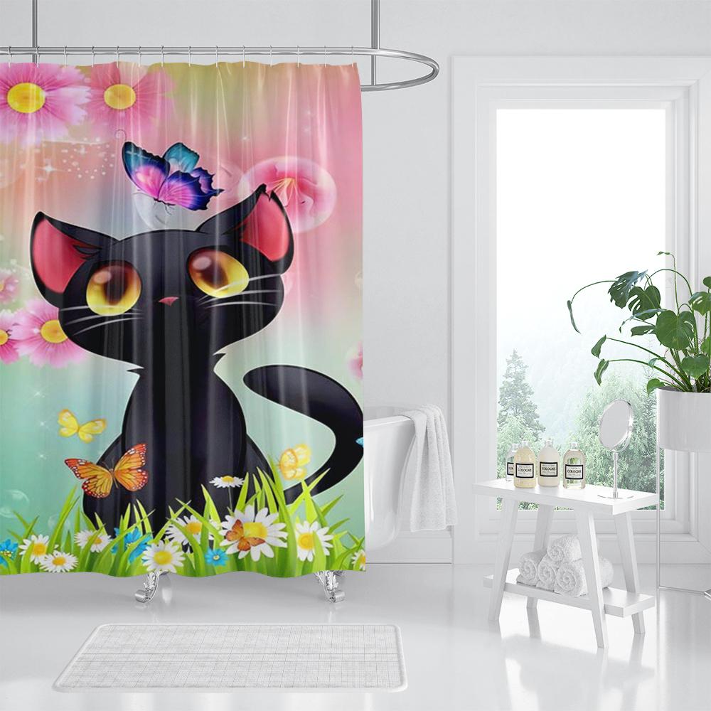 Three Funny Naughty Black Cat Shower Curtain Scratching The Wall with His Paws Fabric Bathroom Decor Set Hooks White and Black