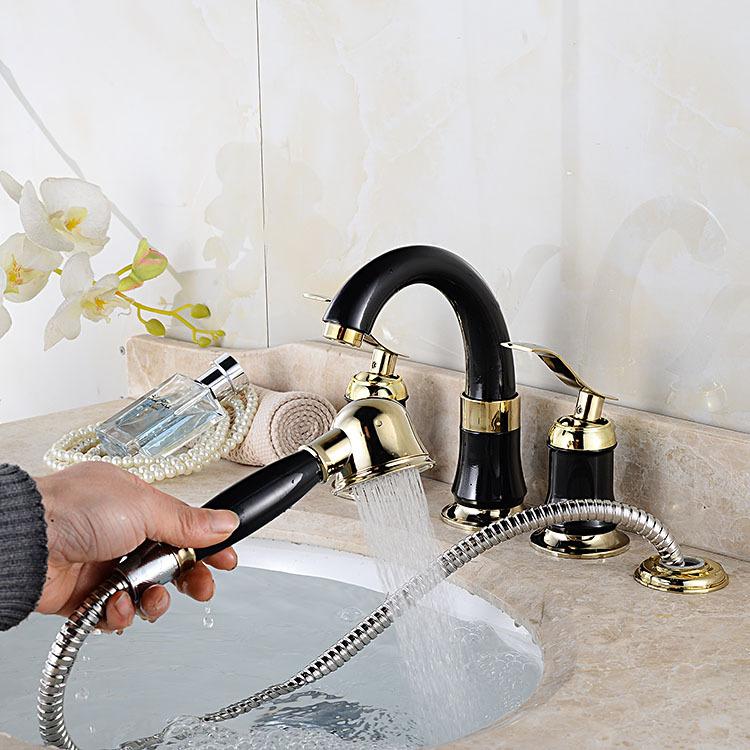 Double Handles Black Golden-Plated 4 Bathroom Wash Basin Faucet Sink Brass Vessel Bathtub Torneira Tap Mixer Faucet White