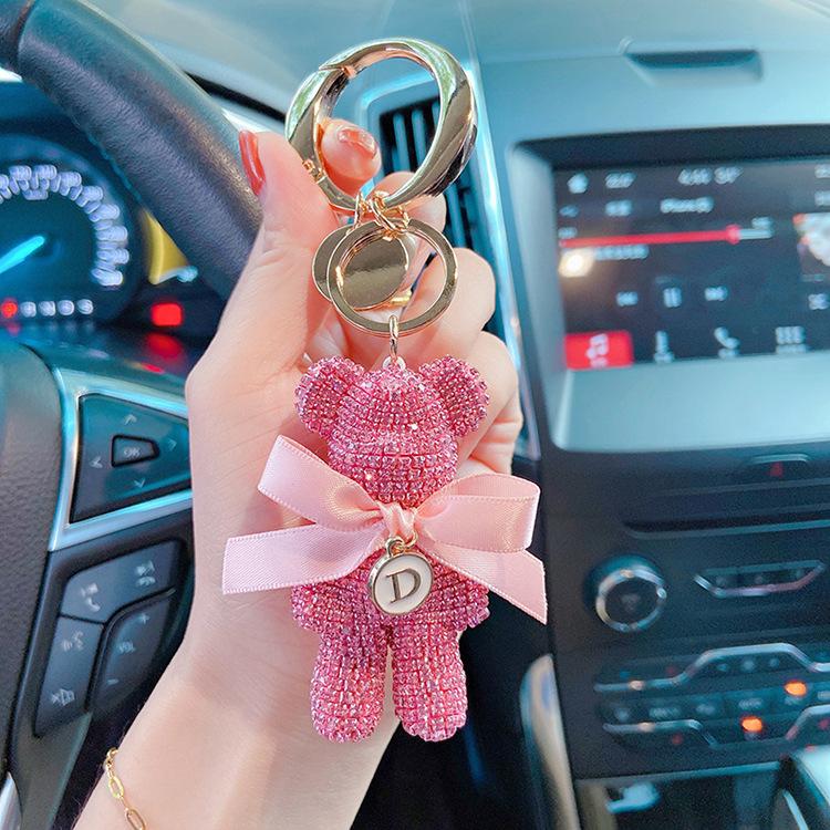 Luxury Jewelry Full Rhinestones Bear Car Key Chain Creative Letter Big Button Key Chains Bag Pendant Doll  Party Gifts For Women