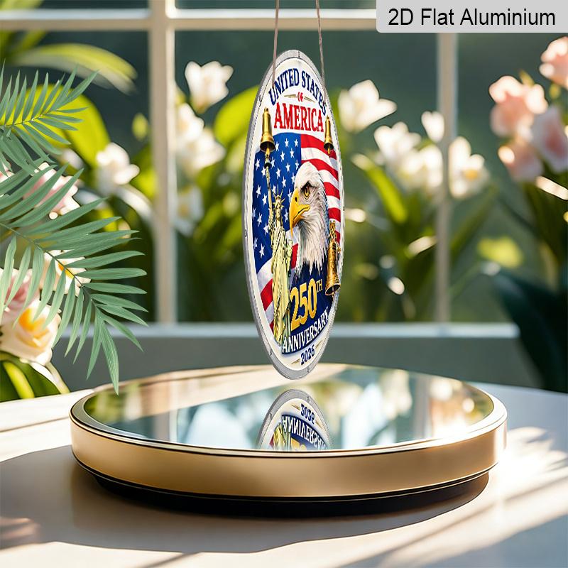2D Flat, 1pc Round USA 250th Anniversary 2026 Aluminum Hanging Sign, Patriotic Bald Eagle Statue of Liberty Liberty Bell Design, Retro Metal Wall