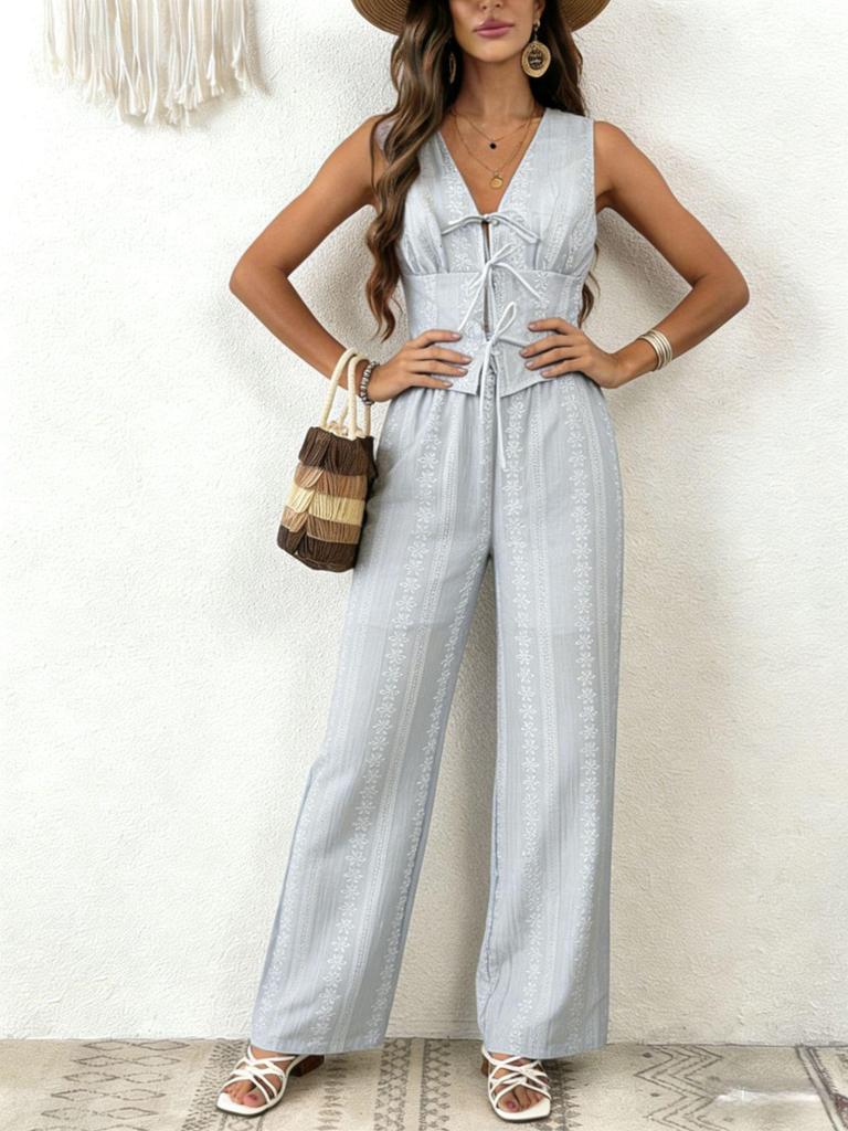European & American Sleeveless Lace-Up Vest and Wide-Leg Pants Solid Color Two-Piece Set