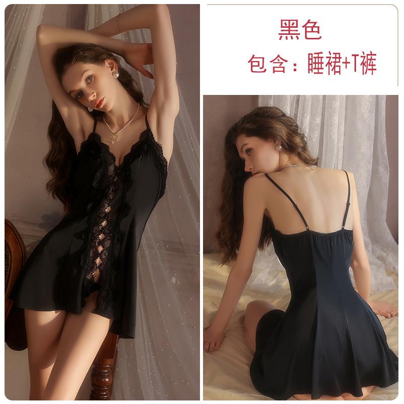 

Underwear Passion Seduction Smooth Satin Lace Pure Desire Deep V Low Chest Nightdress Robe Home Suit M