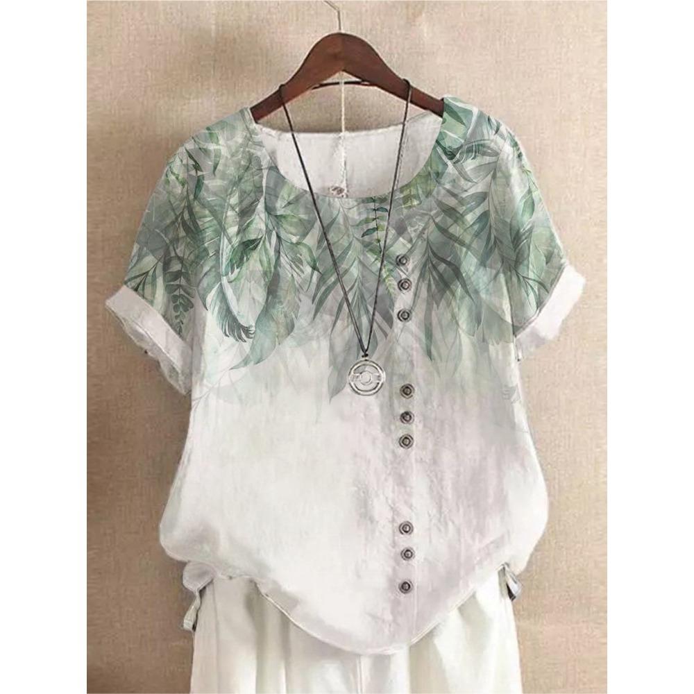 Lässiges Damen-T-Shirt mit kurzen Ärmeln und Rundhalsausschnitt, Retro-Freizeithemd, modischer Knopfprint, Sommer-Neuheit