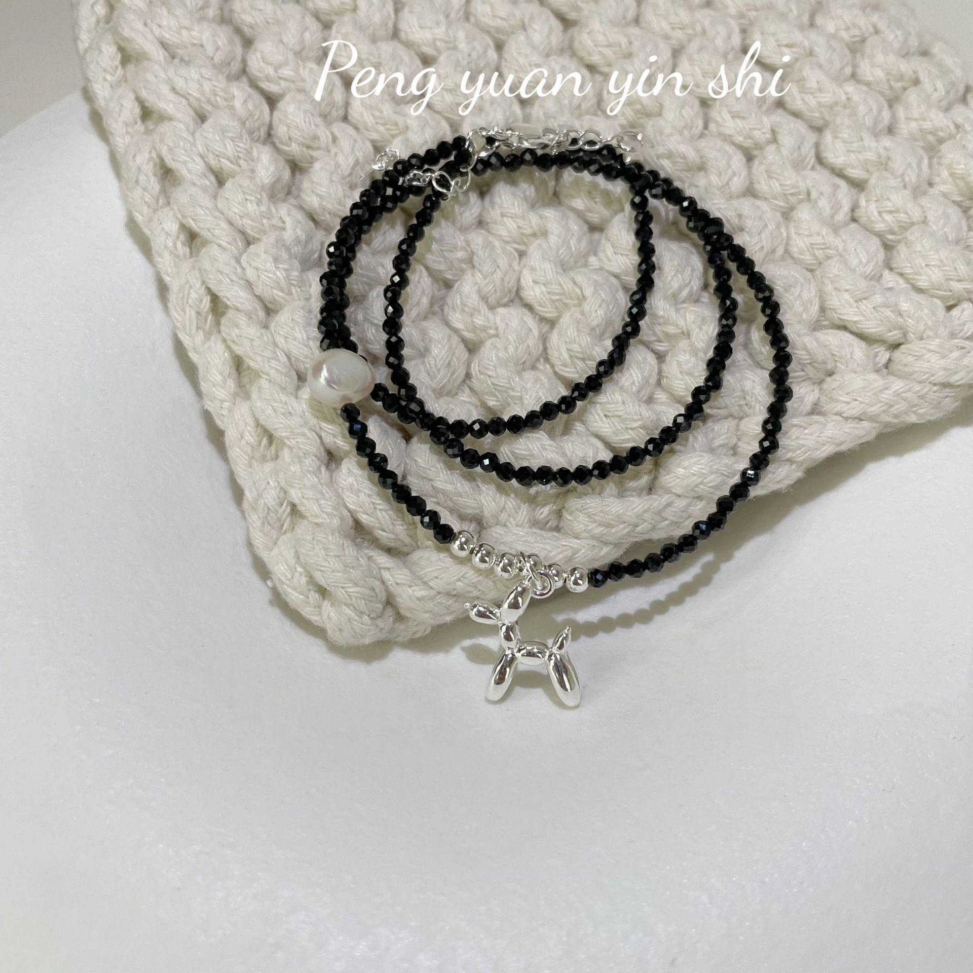 S925 Sterling Silver Black Agate Balloon Dog Pendant Clavicle Chain Pearl Necklace 925 Silver