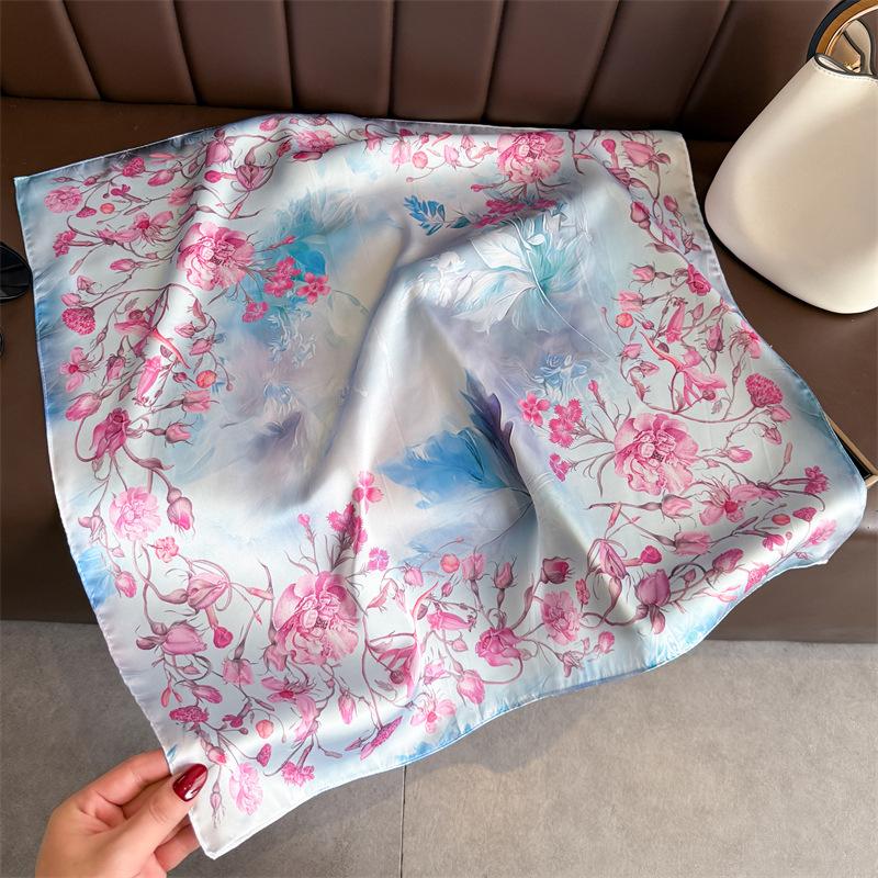 Spring Summer Fashion Luxury 70Cm Square Women Silk Scarf Flower Print Designer Scarves Shawl Bandana Hijab Neckerchief
