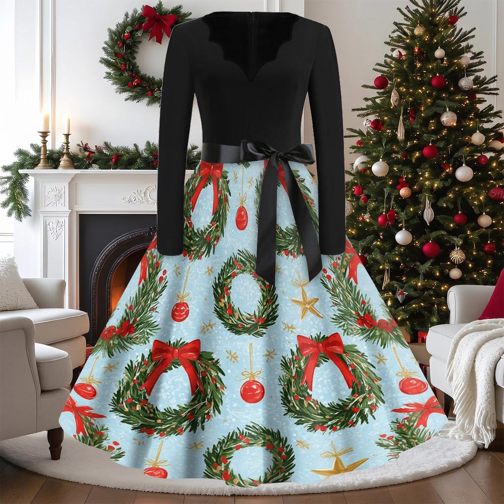 Women's Casual Vintage V-Neck Long Sleeve Dress with Christmas Print