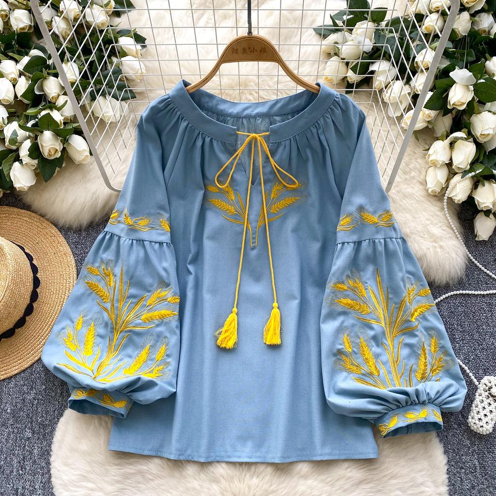 Fashion Blouse for Women Lantern Sleeve Loose Bandage Shirts Vintage Embroidery Spring Blouses Tops