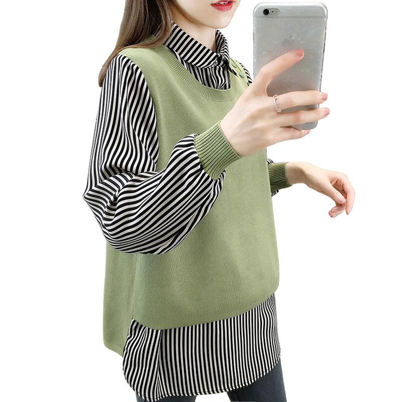 Sweater Women Autumn New Outer Wear Loose Shirt Collar Fake Two Piece Knit Sweater