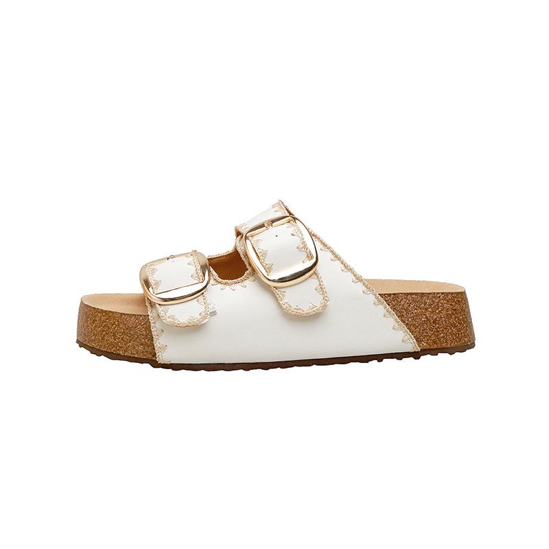 Cowhide version~ thick bottom heightening suture belt buckle outer wear retro one-word cool slippers women's beach slippers