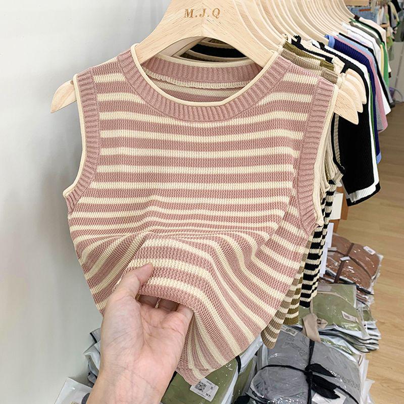 Women's Retro Striped Ribbed Knit Crop Top - Chic Sleeveless Summer Style