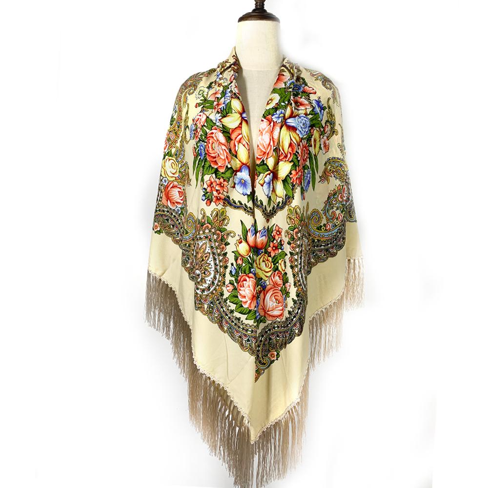 160*160Cm Russian Square Scarf Women Retro Floral Print Fringed Bandana Blanket Shawl Babushka Handkerchief Hijab Head Wraps