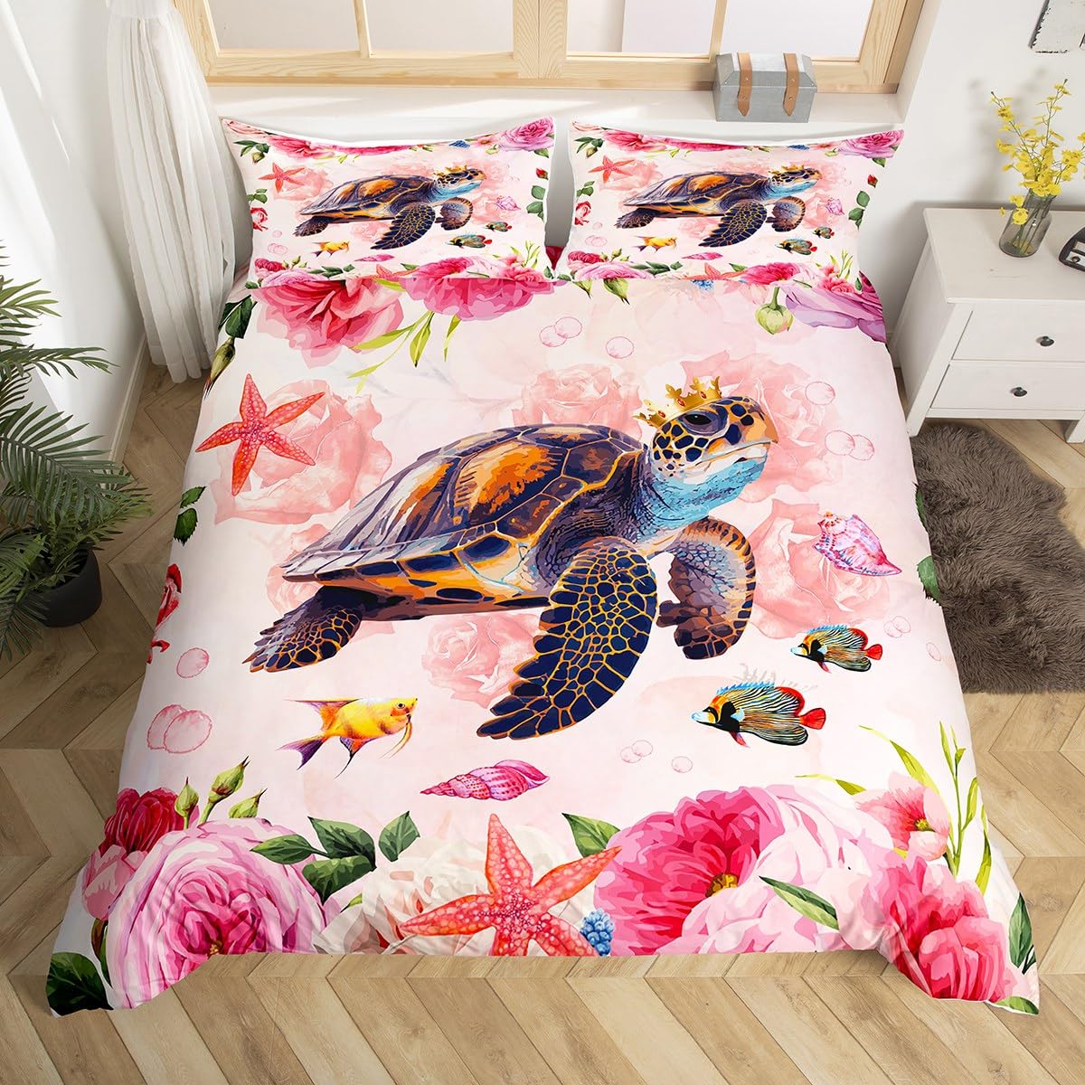 

Sea Turtle Duvet Cover Queen Size Boy Beach Turtle Comforter Cover Polyester 3Pcs Teal Aqua Blue Abstract Tortoise Bedding Collection EU single(135x200cm)