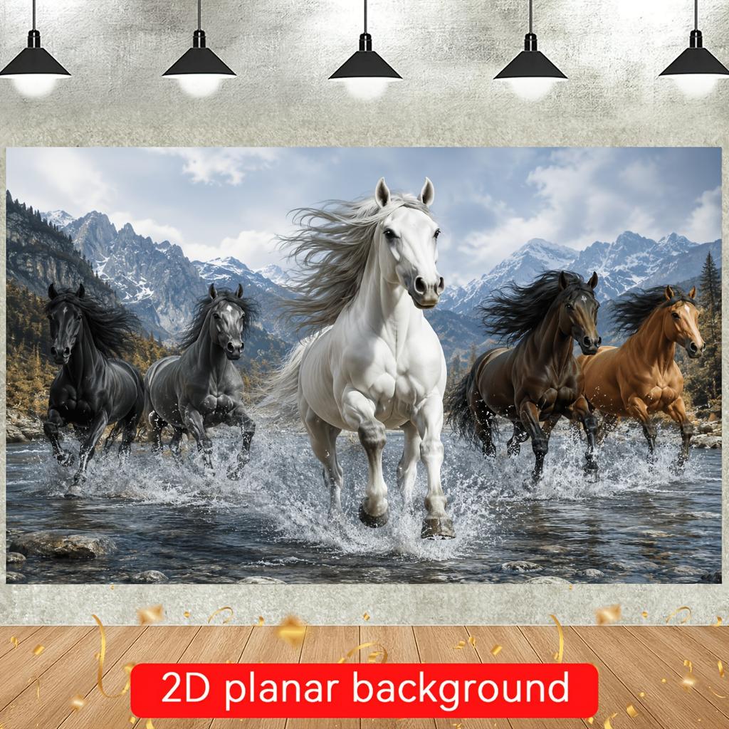 One 2D flag - a banner with a theme of galloping horses as the background, showing a group of horses galloping in a stream.
