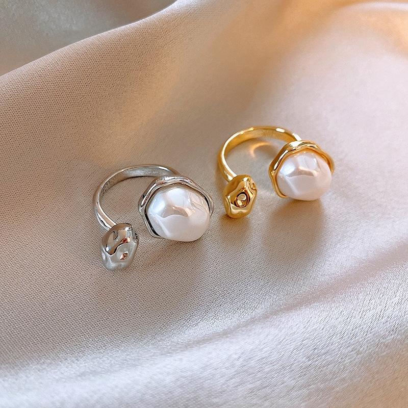 Irregular Oval Imitation Baroque Pearl Open Ring for Women Girl Light Luxury French Fashion Jewelry Accessories