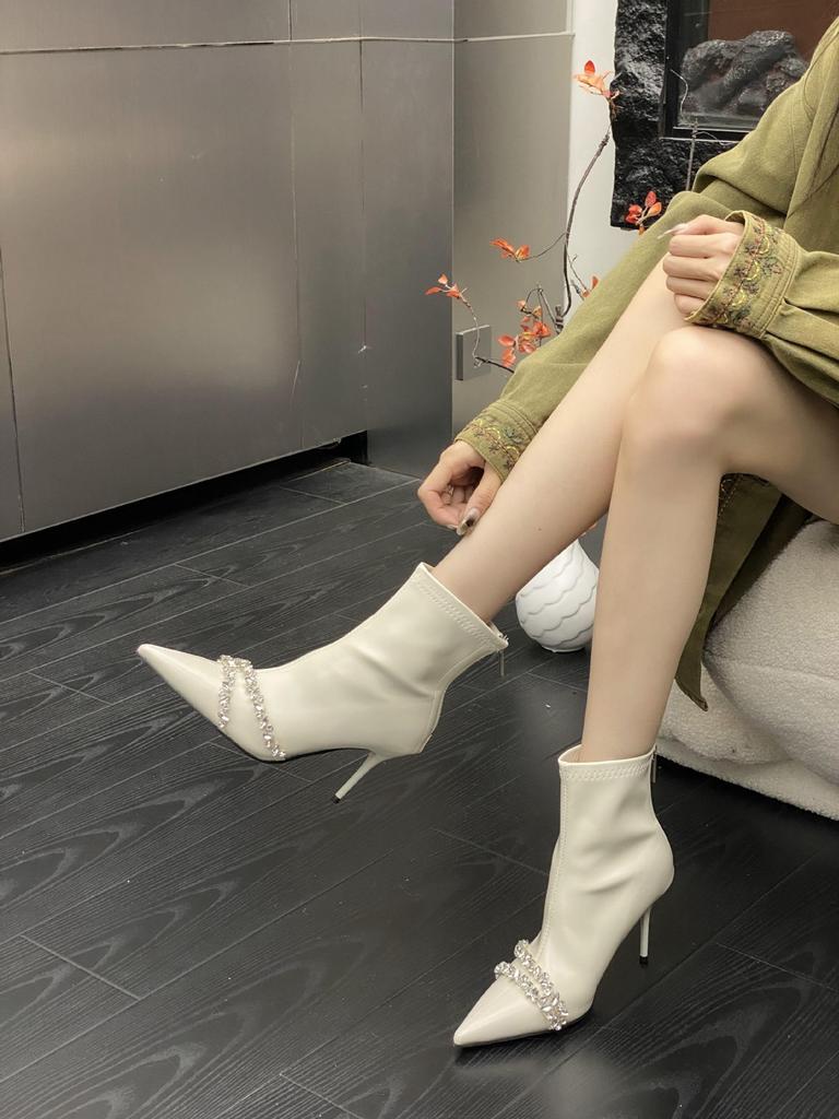 2025 autumn and winter new pointed crystal chain elastic high-heeled short boots fashionable versatile stiletto Martin boots