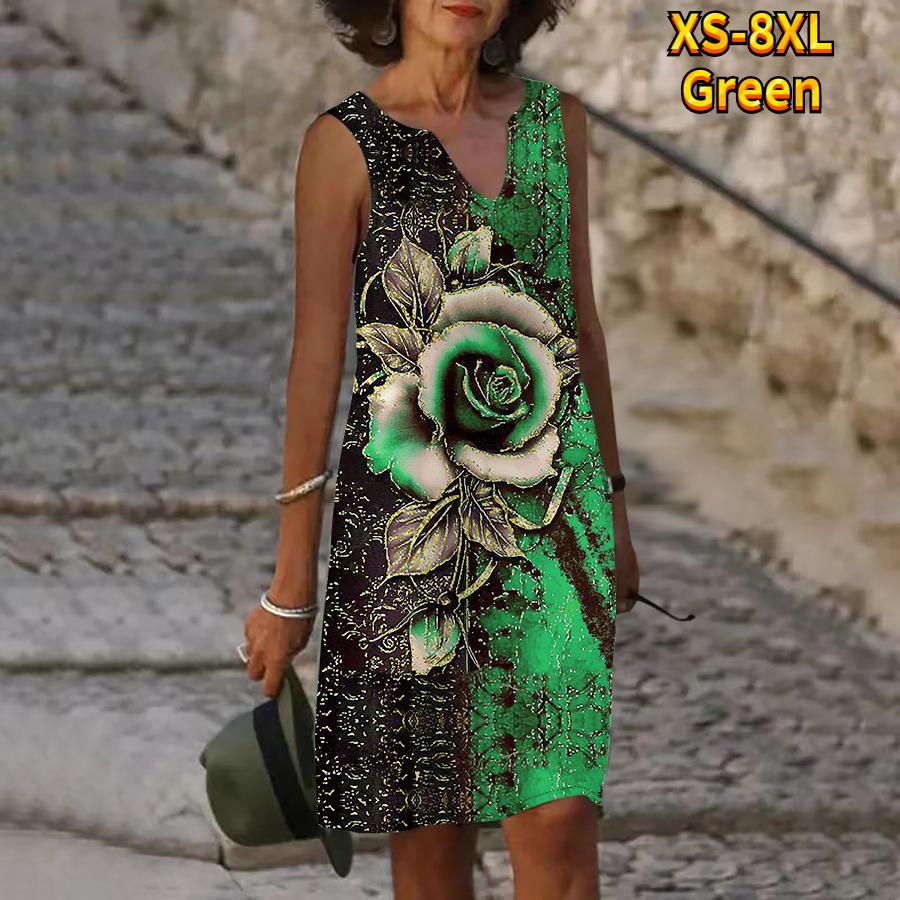 Women V Neck Summer The Sparkling Red Flower Print Dress Casual Sleeveless Fashion Casual Loose Sexy Dresses Plus Size XS-8XL