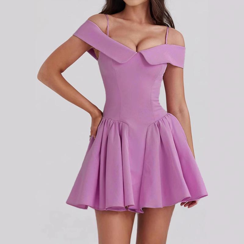 Europäischer und amerikanischer Sommer-Modetemperament sexy einfarbig Revers ein Schulter schmal geschnitten A-Linien-Kleid