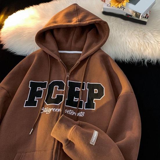 Herren Herbst Winter Kapuzenmantel Kordelzug Locker Kapuzen-Reißverschluss-Cardigan Buchstabenstickerei Oberbekleidung