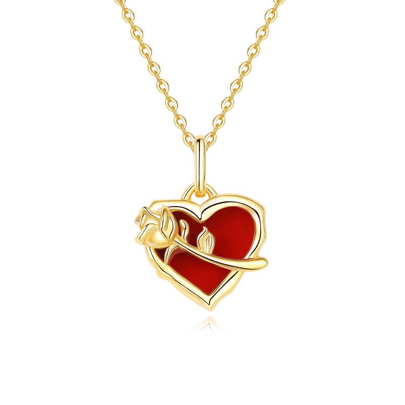 French S925 Silver Heartbeat Rose Necklace with Red Agate Heart Pendant 925 Silver