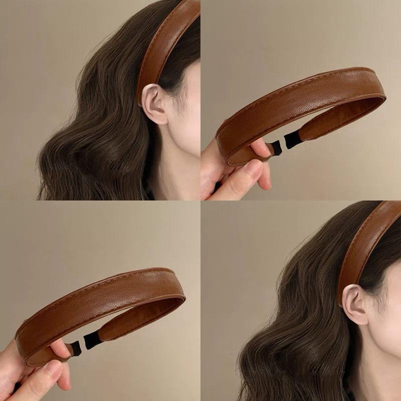 Coffee Wine ~ Retro Pu Leather Hairband French Style High Cranial Pressure Hair Bundle Jennie's Same Style Travel Hairpin