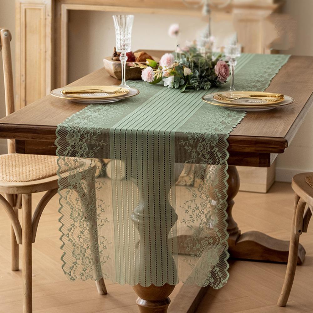 Semi-Sheer Lace Jacquard Table Runner French Romantic Rectangular Lace Tablecloth  Dining Table