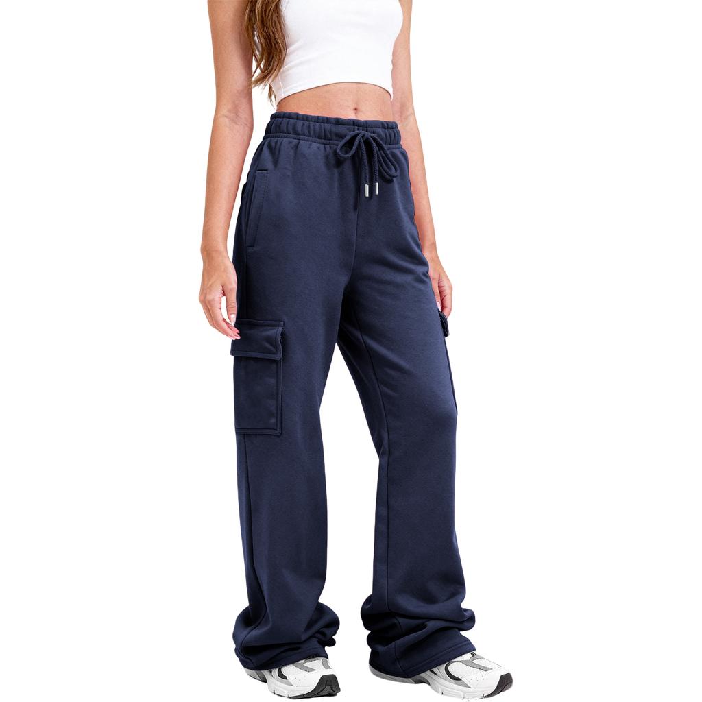 Women Cargo Sweatpants Stacked Pants Warm Fleece Drawstring Waist Casual Joggers Trousers