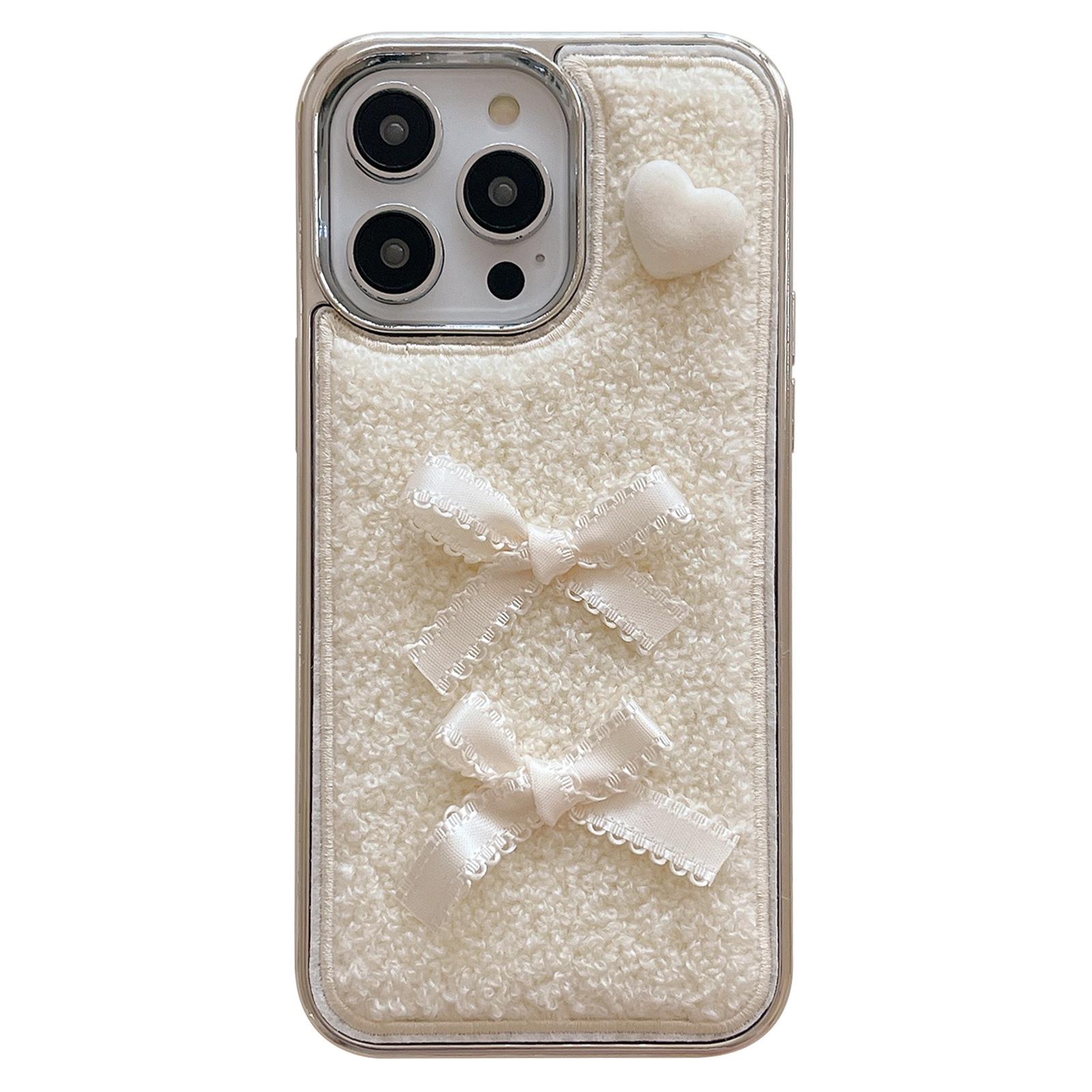

For iPhone 15 Pro Max Case Heart Bows Towel Felt Texture TPU Electroplating Phone Cover A
