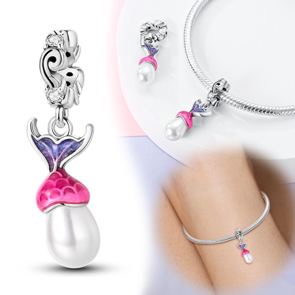 

Charms Plata Luminous Pinkish-Purple Lucky Mermaid Beads Fit Original Bracelets Charms For Women Jewelry Diy Making Gifts