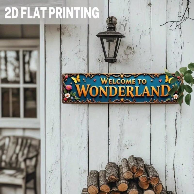 Vintage Welcome to Wonderland Metal Sign Floral Butterfly Design Blue Yellow Romantic Wall Decor for Home