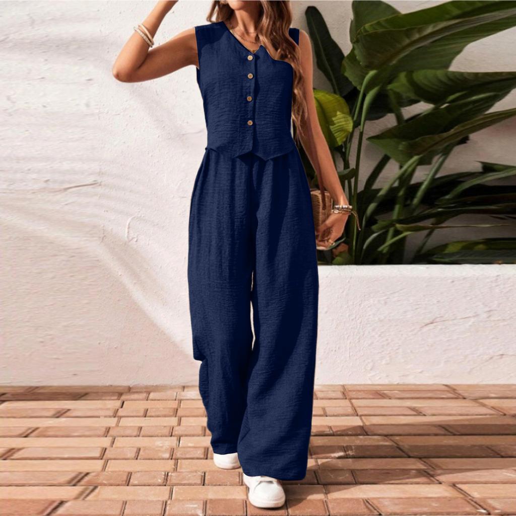 Women's Casual V-Neck Vest Linen-Cotton Blend Set