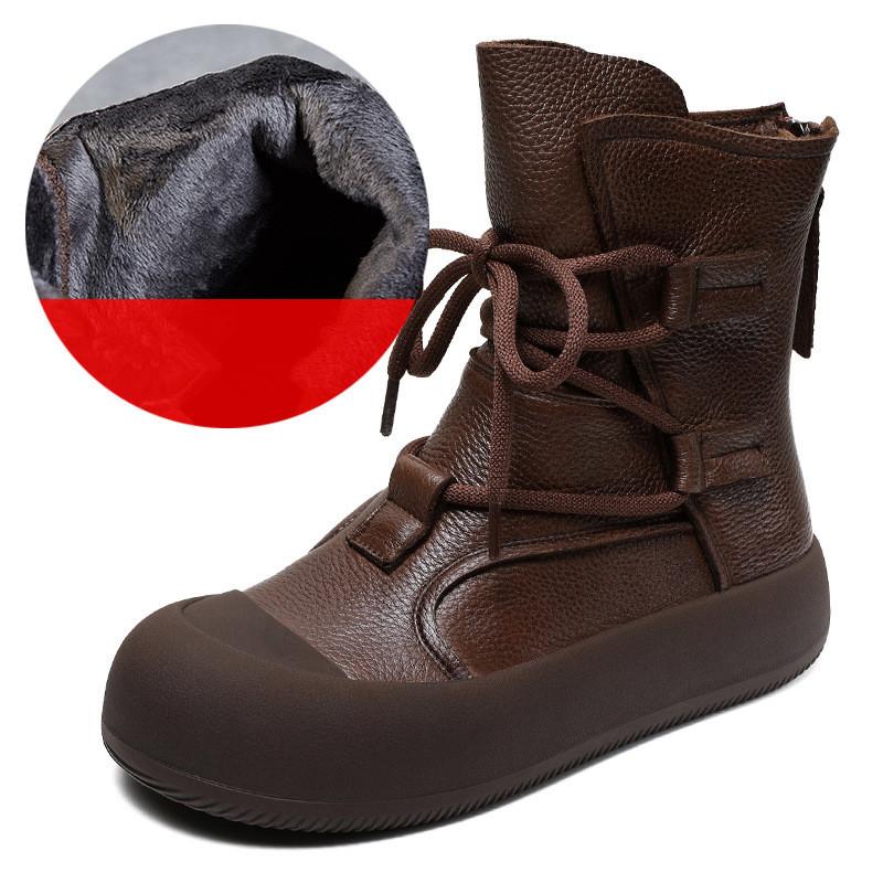 Johnature Handmade Vintage Mid-calf Boots Genuine Leather Women's Thick Soled Casual Versatile Short Boots