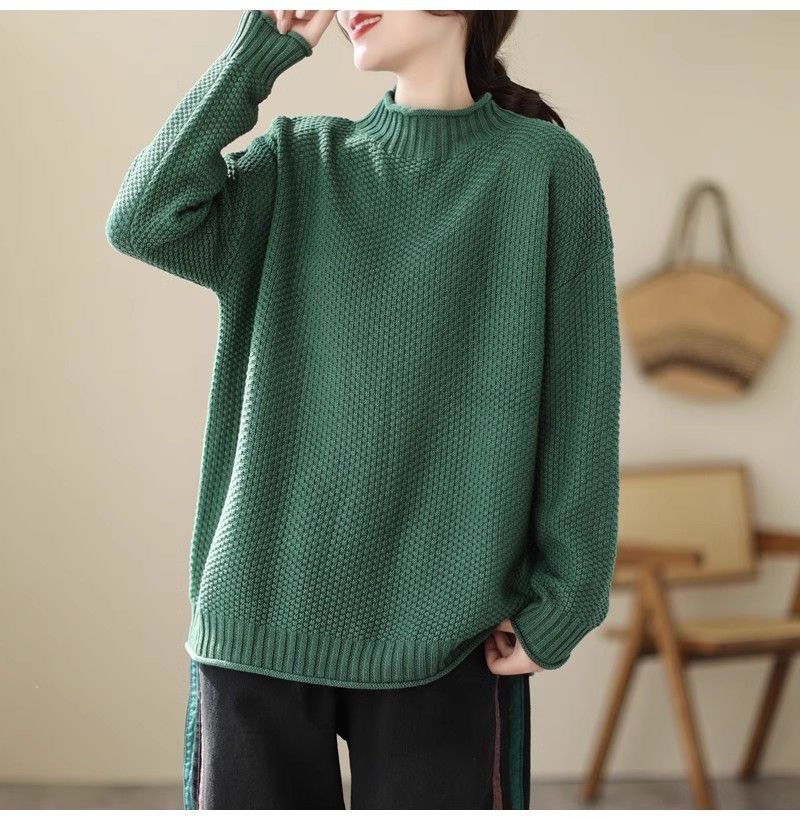 Women's Loose Stand Collar Sweater Autumn Winter Vintage Soft Skin-Friendly Solid Color Sweater