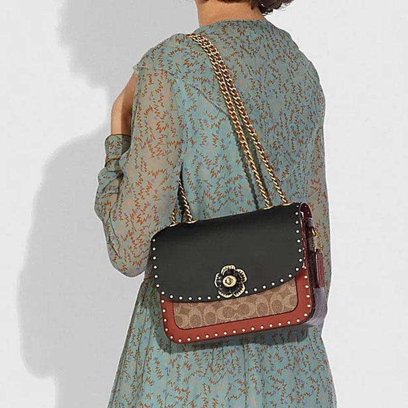 Coach Shoulder Bag Madison 24 Camellia Metal Rivets Decorated Twist Lock Flap Cow Leather and Snakeskin Envelope Crossbody Medium Size Women's Black