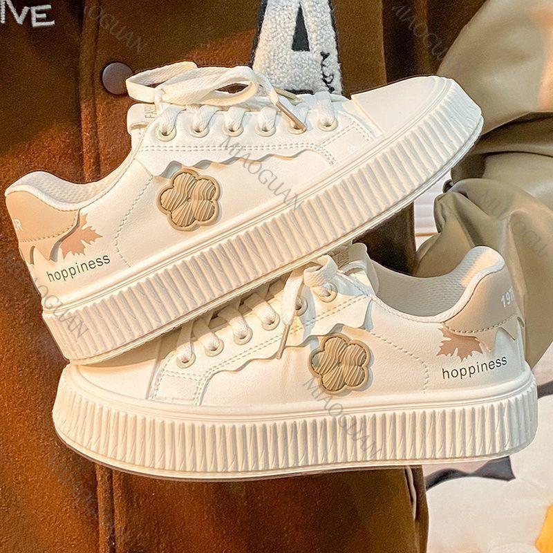 Fashion Thick Soled Casual Board Shoes for Women Spring Autumn Students Flat Bottomed Sneakers Flower Beige Flat Bottomed Sports Shoes