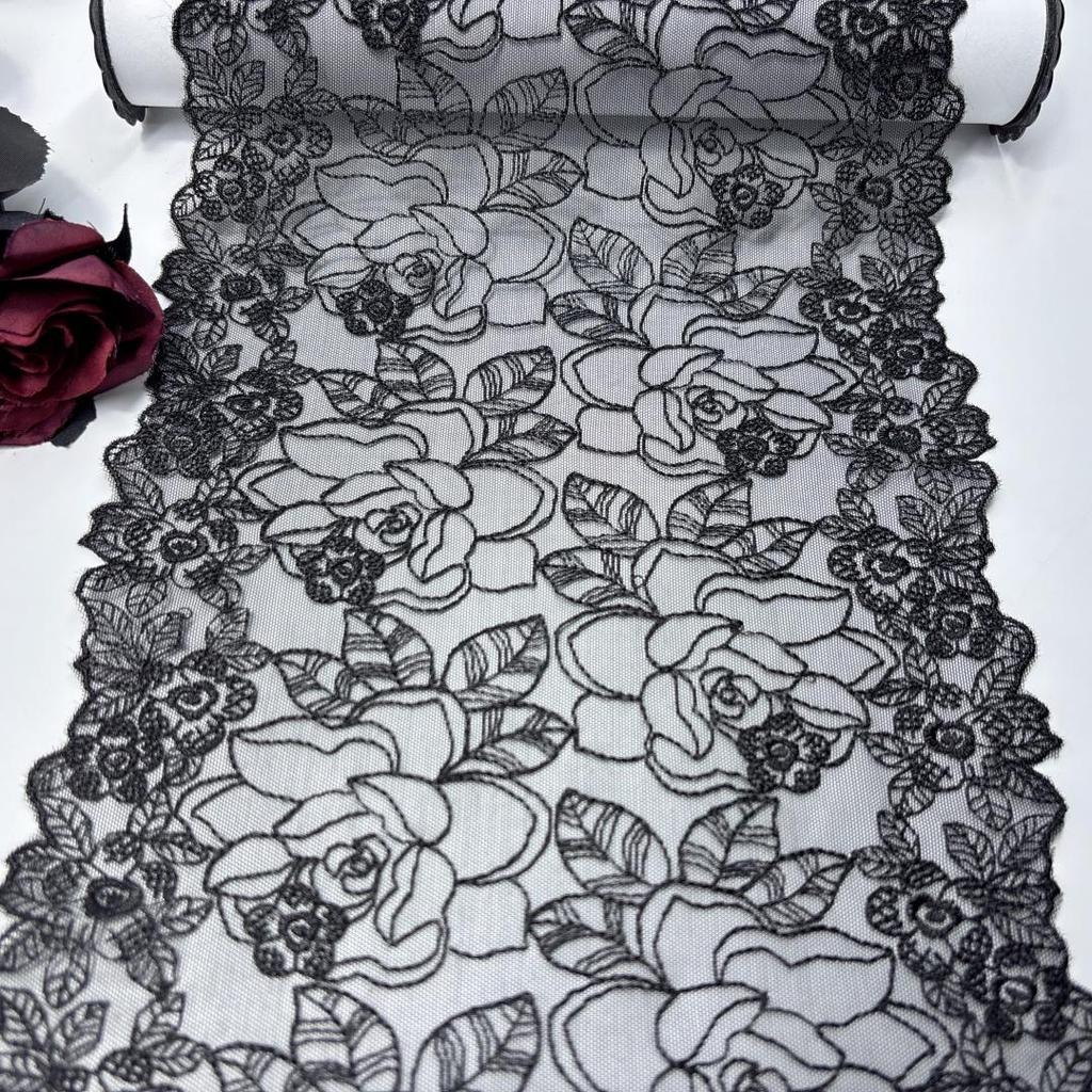 Elastic Net Embroidery Lace, 1m X 21cm, Black Stretchy Tulle Lace Trim for Lingerie, Bra, Underwear, Dress, Garment, Sewing & Crafting