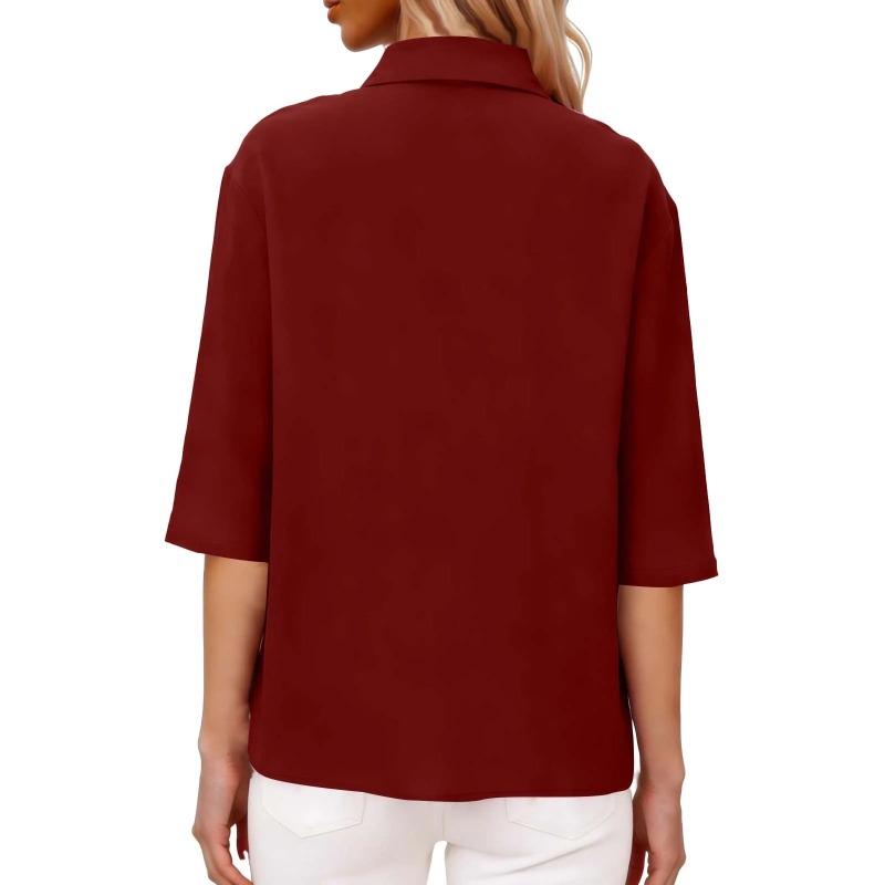 Summer New Women's Casual Tops Three-quarter Sleeve Solid Color Lapel Cotton and Linen Loose Shirt