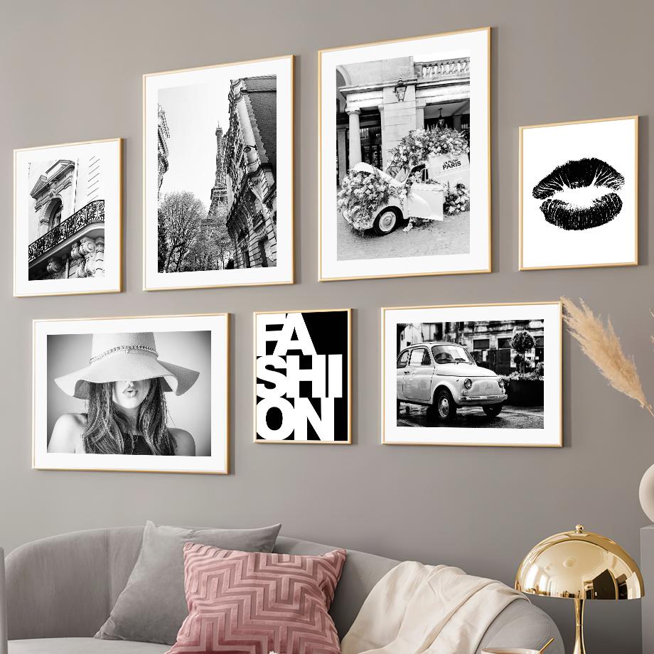 Paris Bridge Fashion Girl Car Building Black White Photos Posters Wall Art Canvas Prints Painting Picture for Living Room Decor