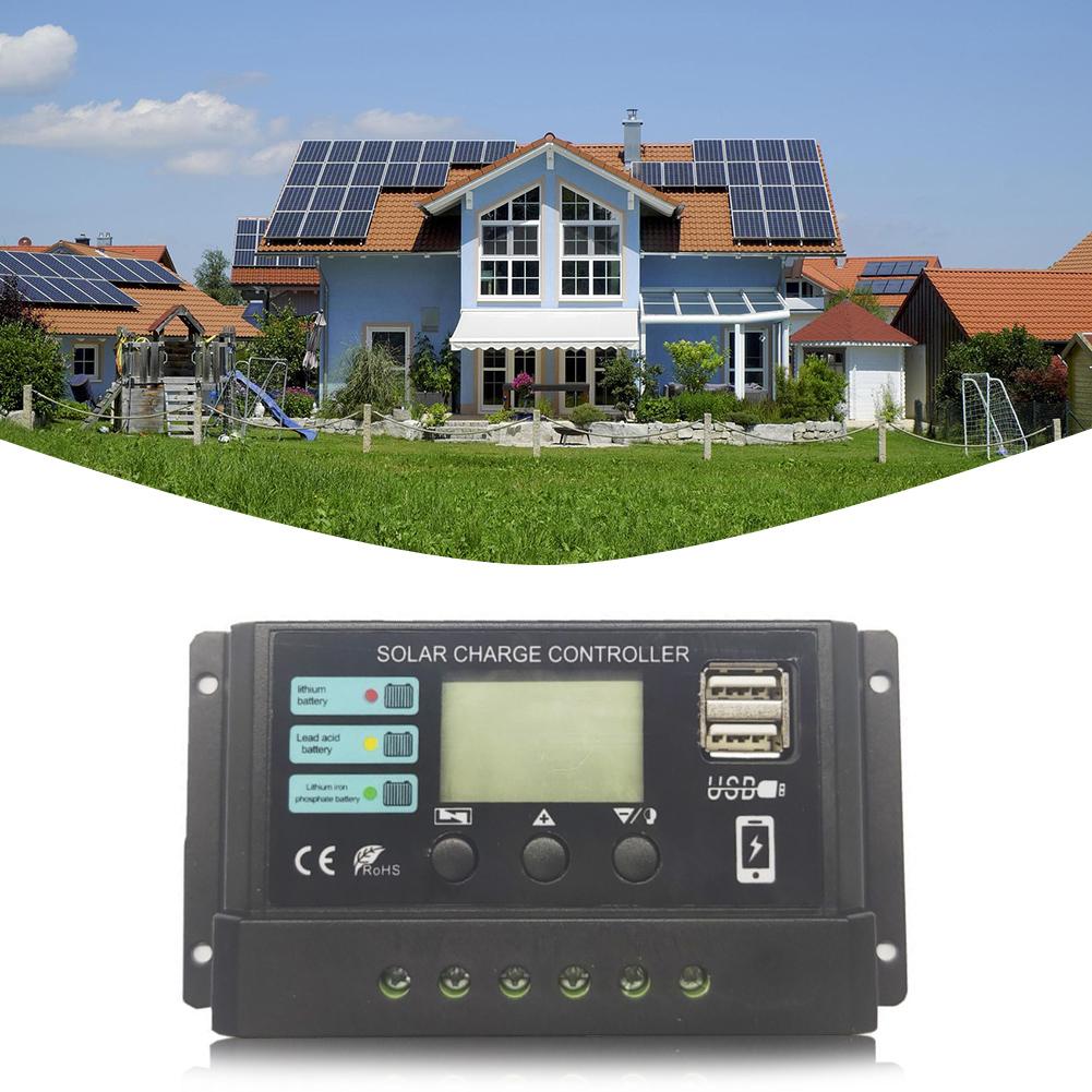 10A/20A/30A Solar Charge Controller Dual USB Port 12V 24V Solar Panel PV Controller PWM Adjustable for Lead-Acid Lithium Battery