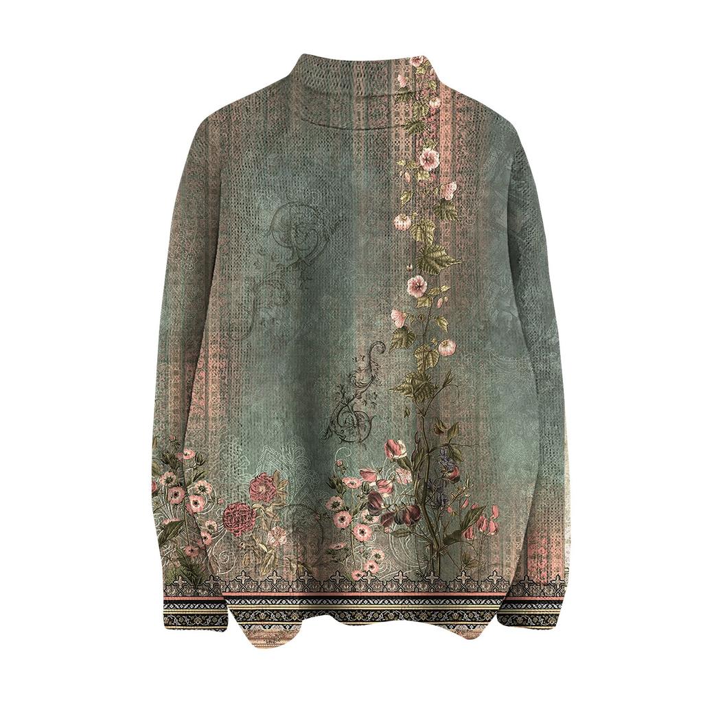 Women's Fashion Casual Long Sleeve Retro Printed Turtleneck Knit Top