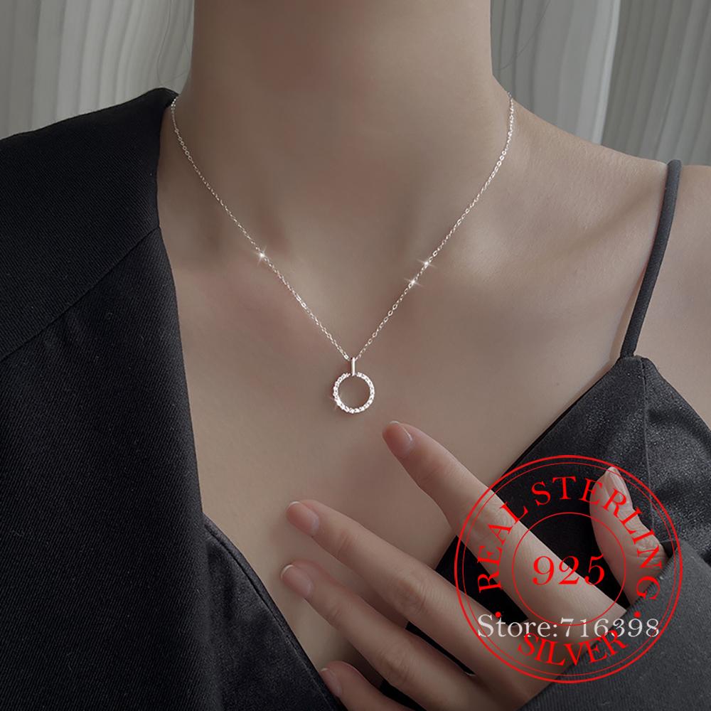 Real Money 925 Sterling Silver Women's Pendant Necklace Round Circle Crystal Pendant Necklace Wedding Party Jewelry Gift